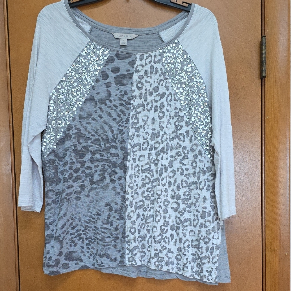 Laura Ashley Gray Leopard Print Blouse